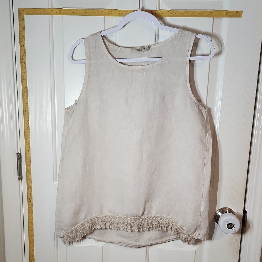 Tan Linen Sleeveless Top with Fringe Hem, EUC